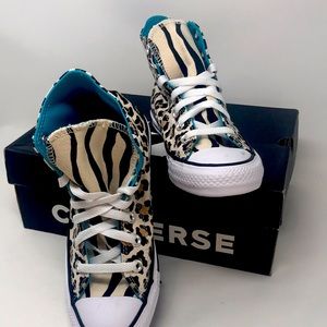 Brand new womens leopard print hi top converse zebra print tongue teal interior